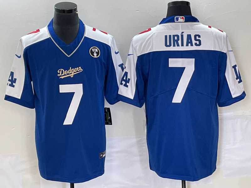 Mens Los Angeles Dodgers #7 Julio Urias Blue Vin Scully Patch Pullover Stitched Jersey